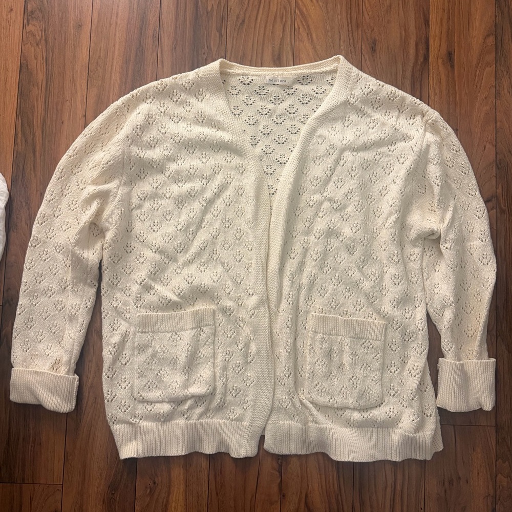 neuflora cream/off-white pointelle open front cardigan - 100% cotton - size L